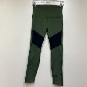 The Barre Code Army Green Leggings Black Mesh Knee